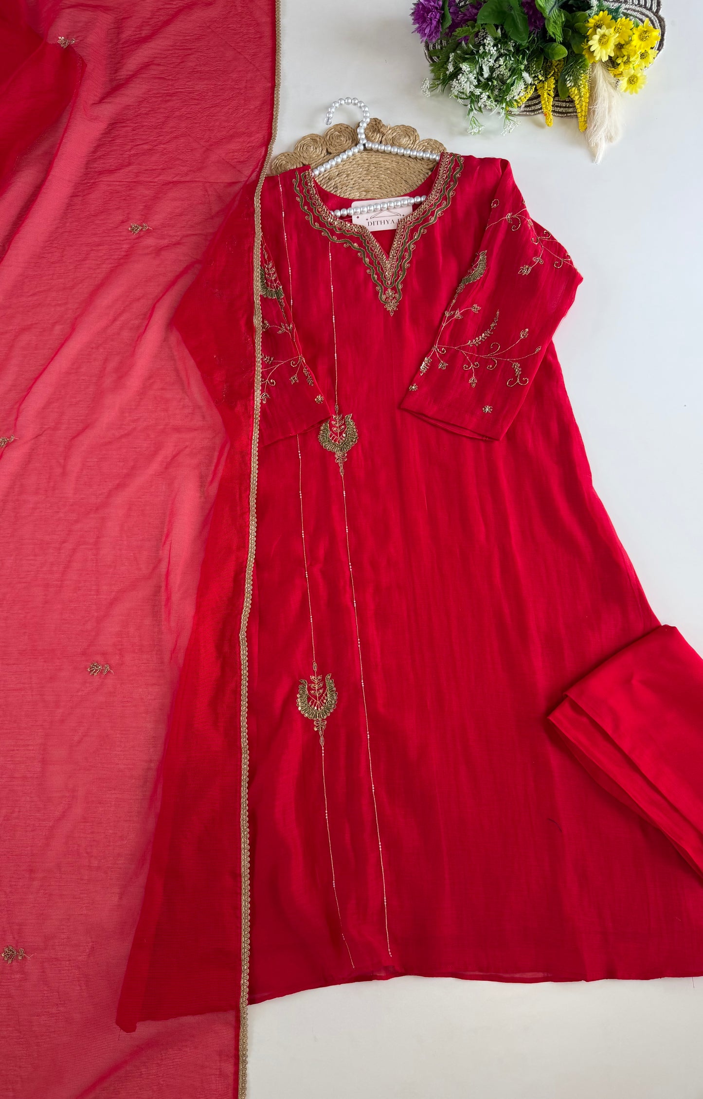 K532 - Mul chanderi Handwork aline Kurti with pants and dupatta