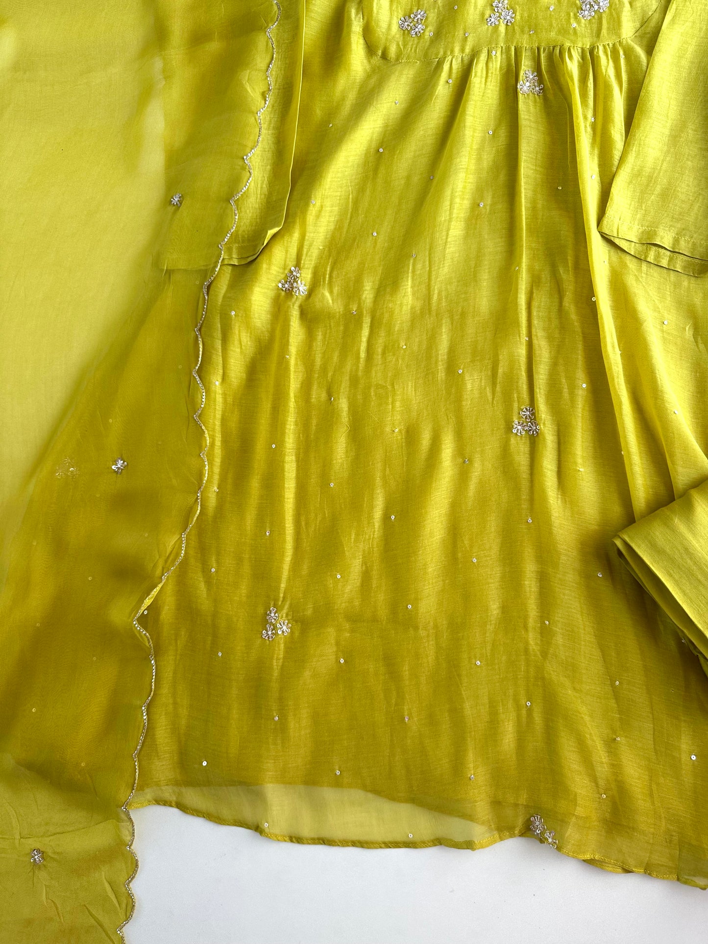 K097 - Mul Chanderi handwork Aline Kurti with pants and dupatta