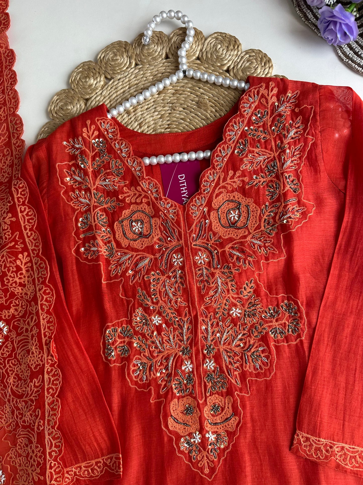 K141 - Mul Chanderi handwork Straight Kurti with pants and dupatta