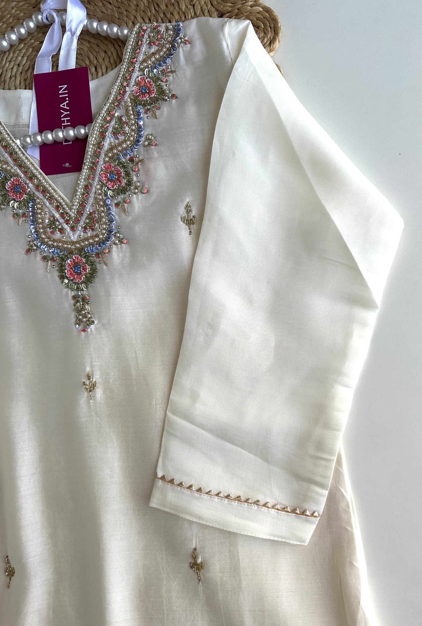 K024 - Roman silk handwork straight Kurti with pants and dupatta in 3 colours