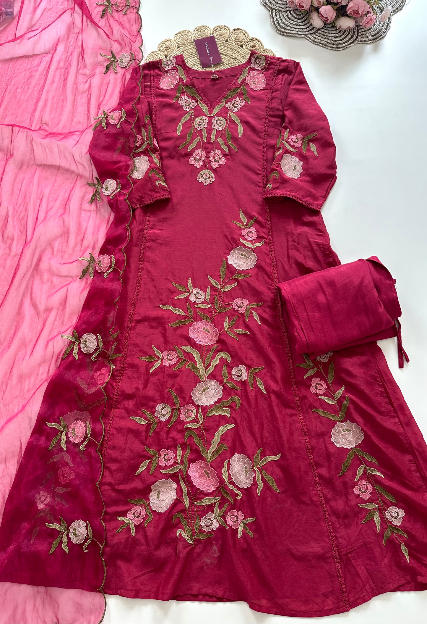 K379 - Mul Chanderi appliqué work Aline Kurti with pants and dupatta in 2 colours