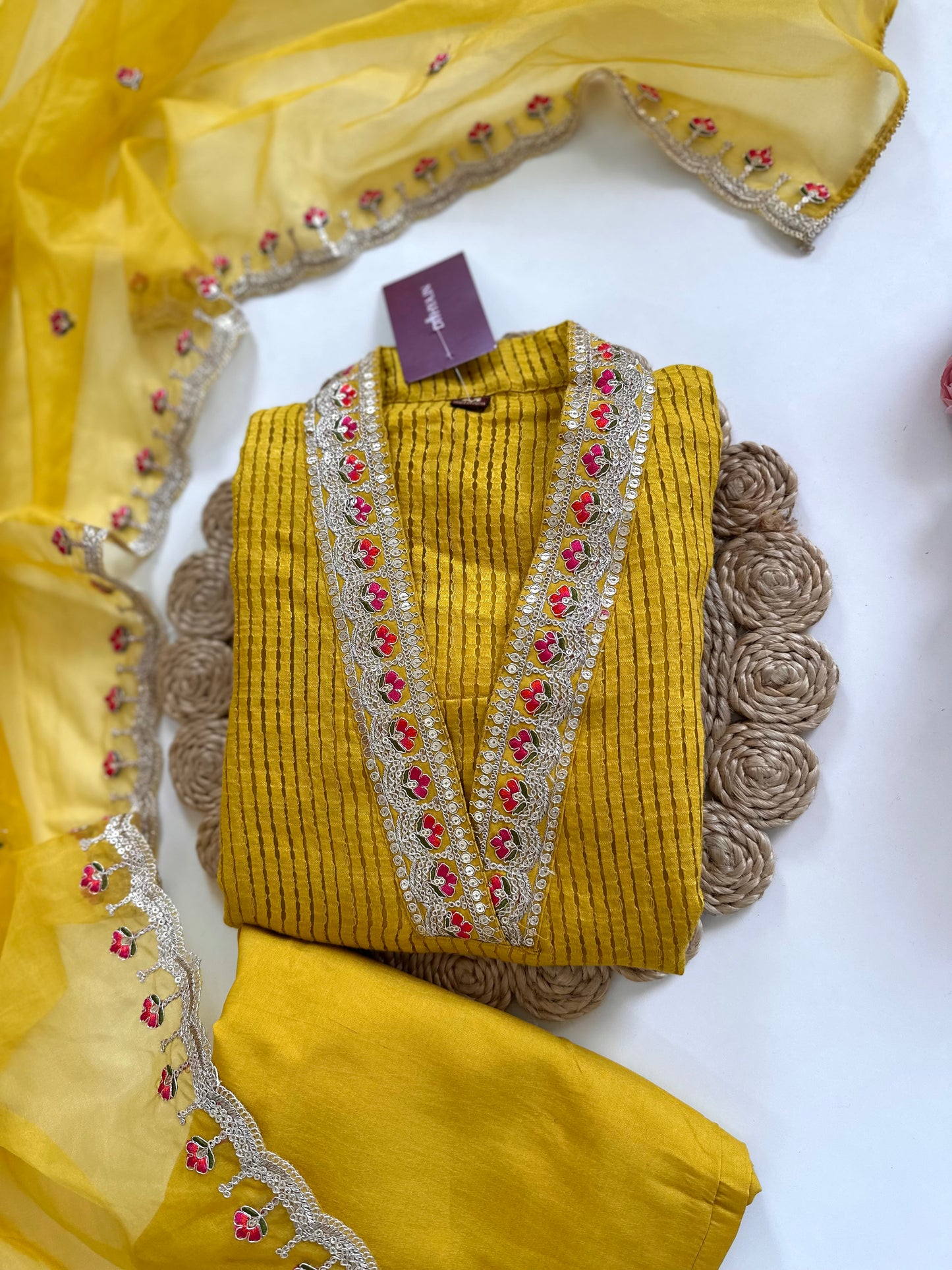 K107 - Jacquard silk Collar neck straight kurti with pants and dupatta in 2 colours