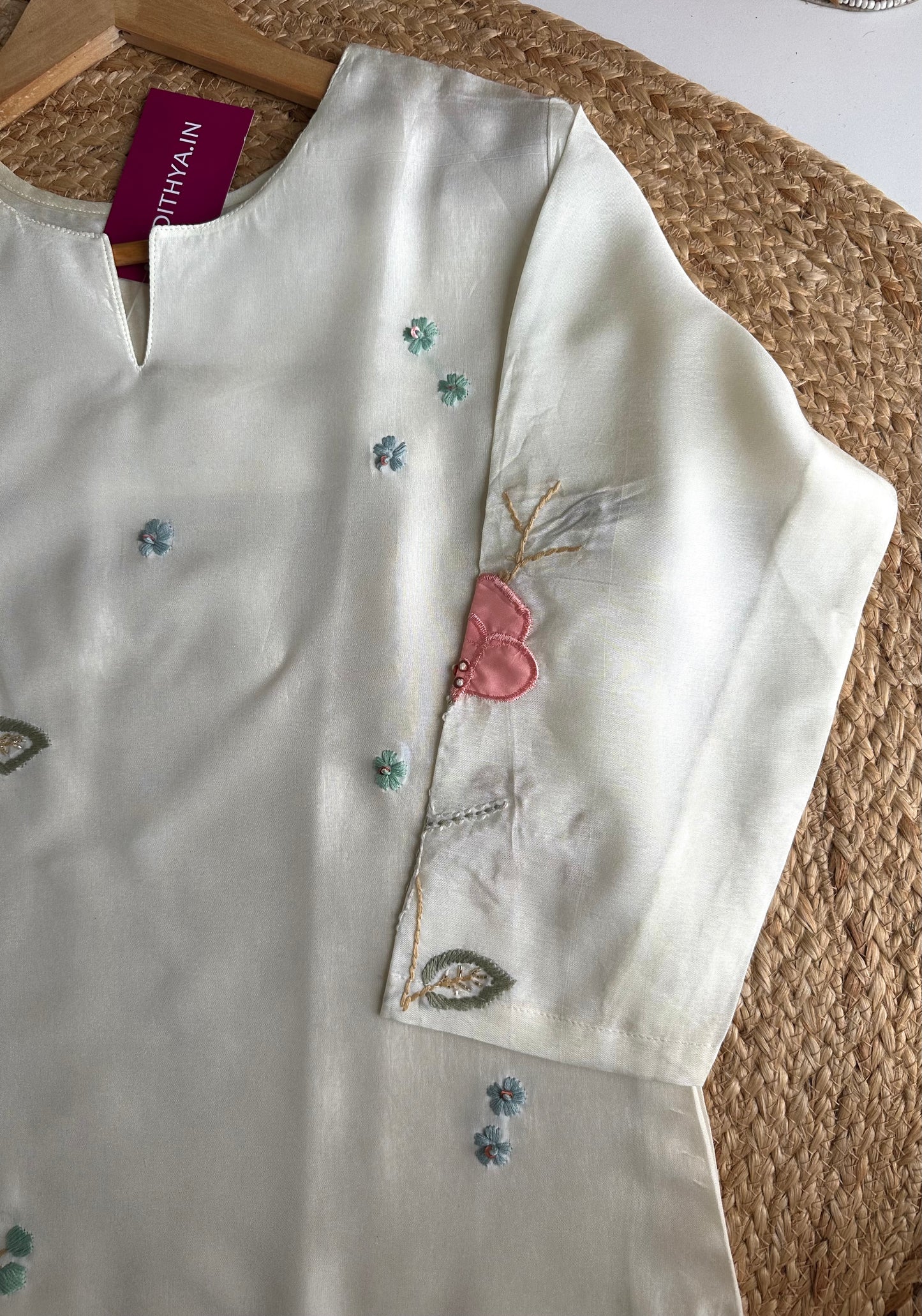 K139 - Russian silk Appliqué work straight Kurti with pants and dupatta