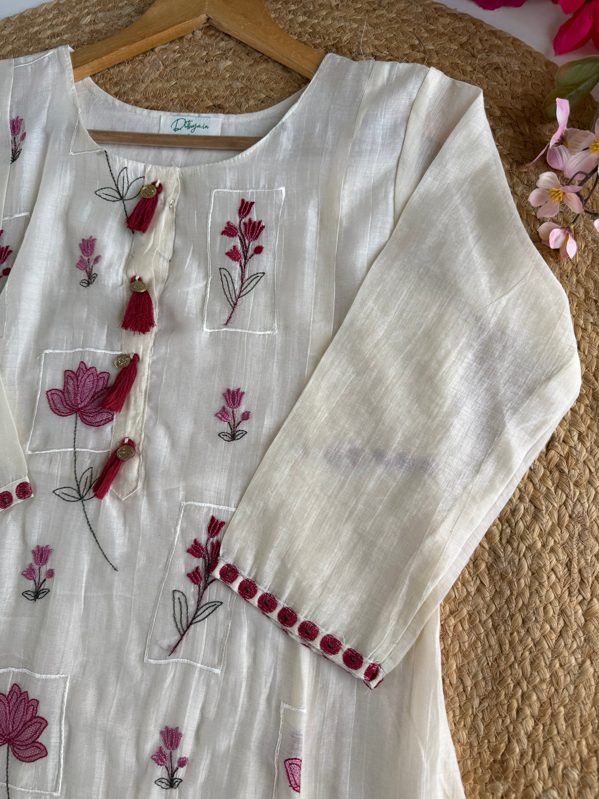 K303 - Mul chanderi embroidered Aline Kurti with pants and dupatta