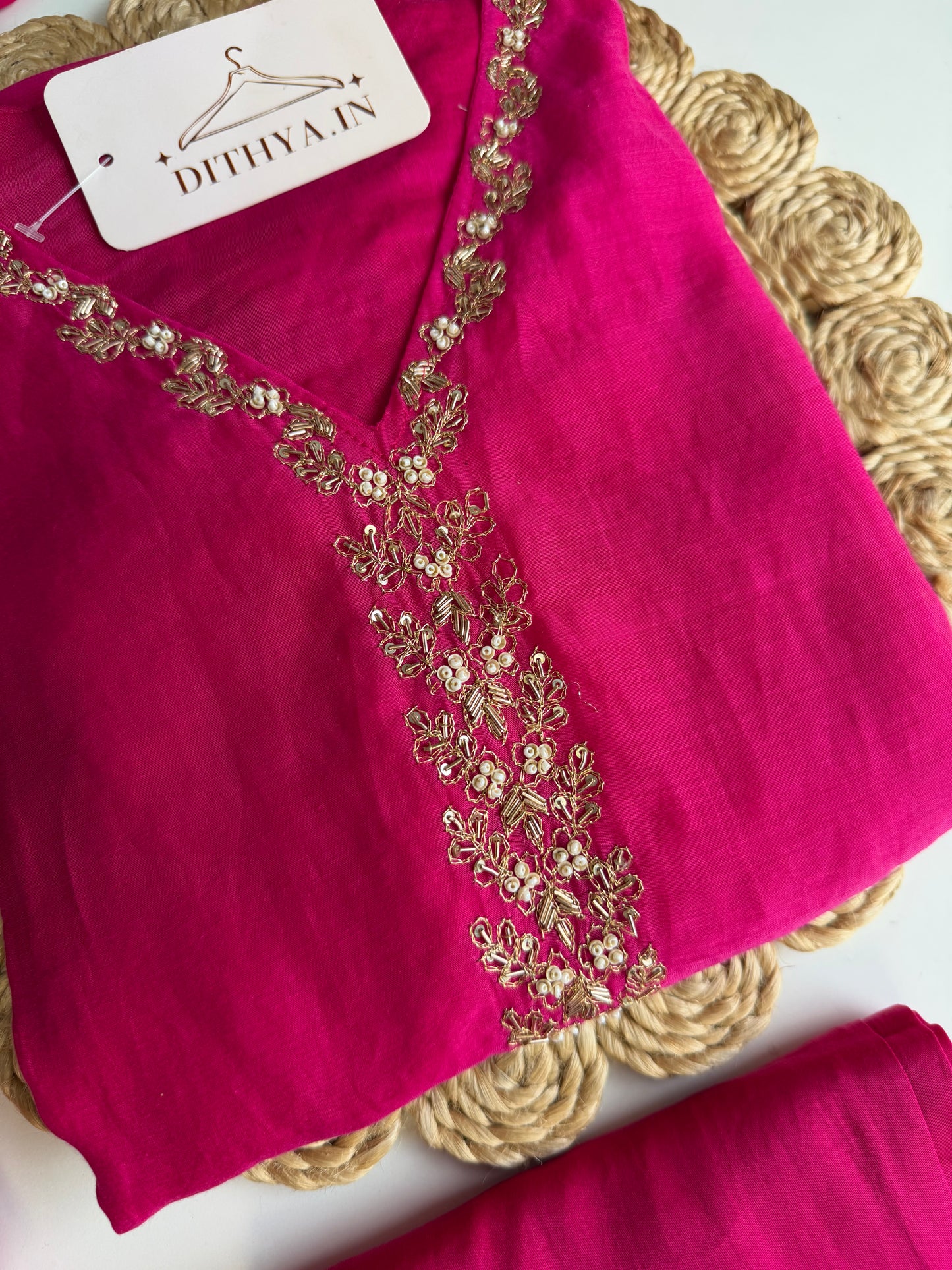 K074 - Mul chanderi handwork Aline Kurti with pants and dupatta