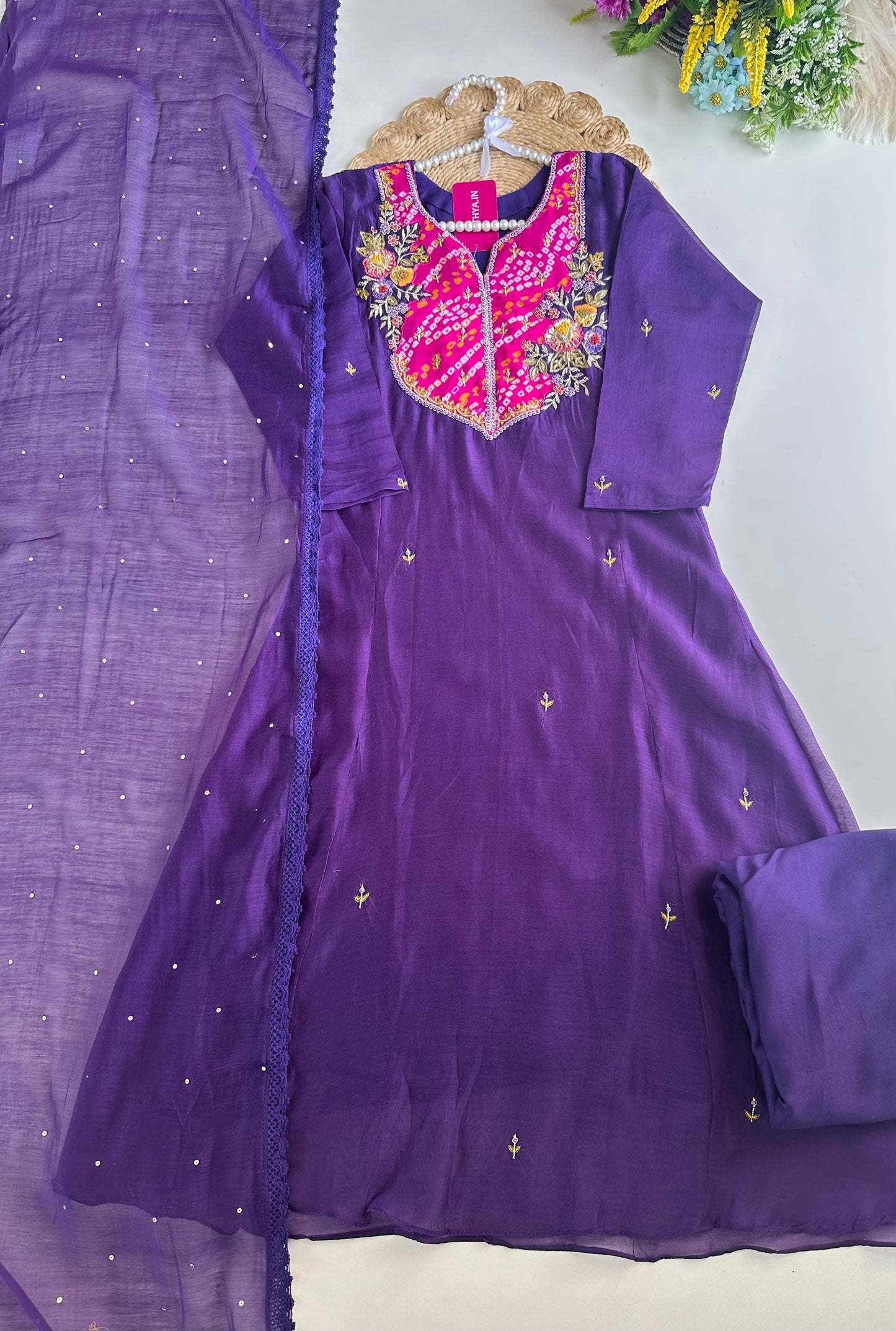 K085 - Mul Chanderi Handwork Aline Kurti with pants and dupatta