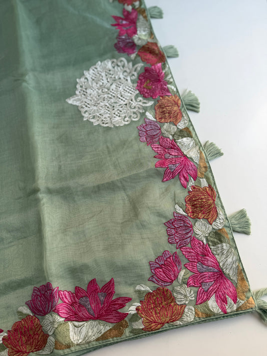 S020 - Soft organza appliqué embroidered saree in 3 colours