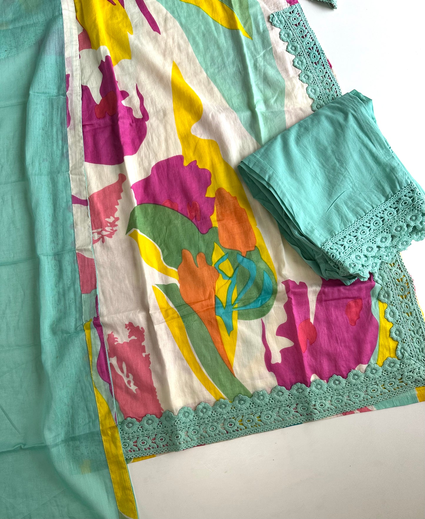 K448 - Mul Cotton embroidered straight Kurti with pants and dupatta