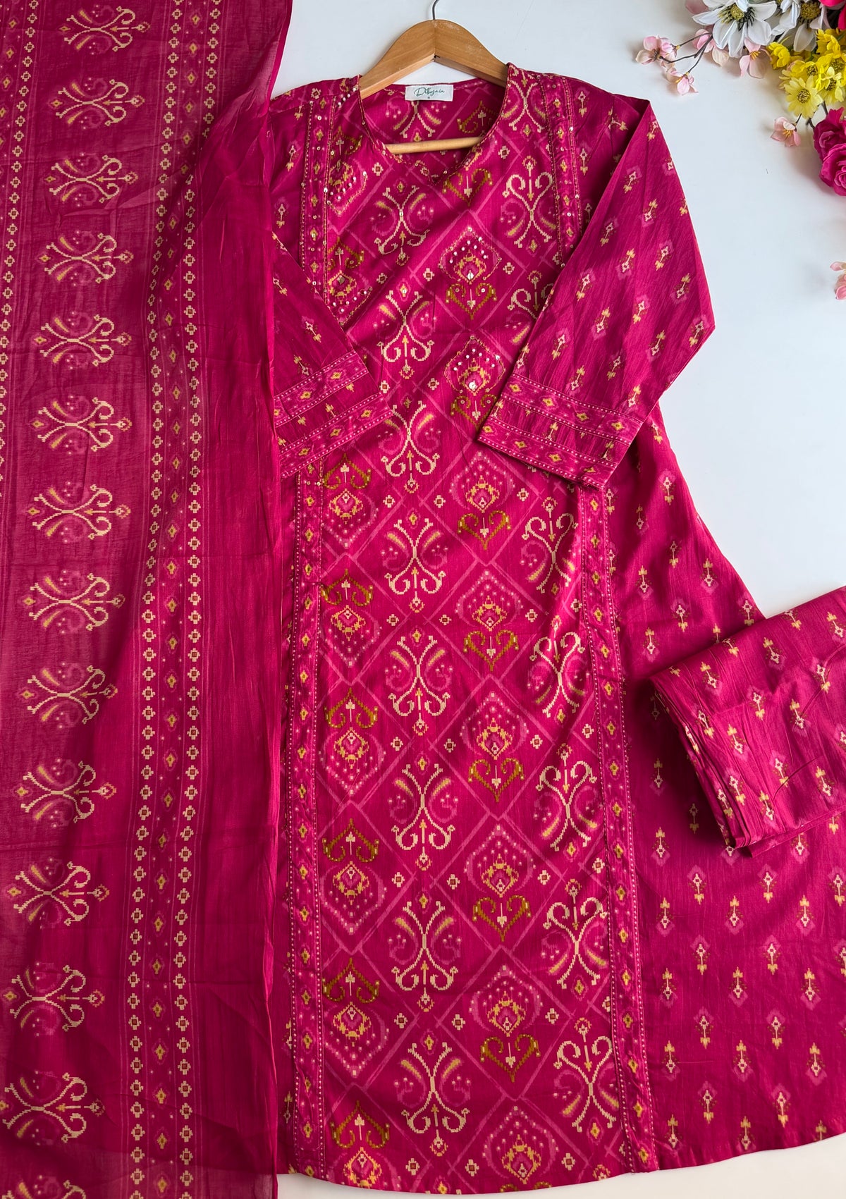 K728 - Mul cotton ikkat print embroidered Aline Kurti with pants and dupatta