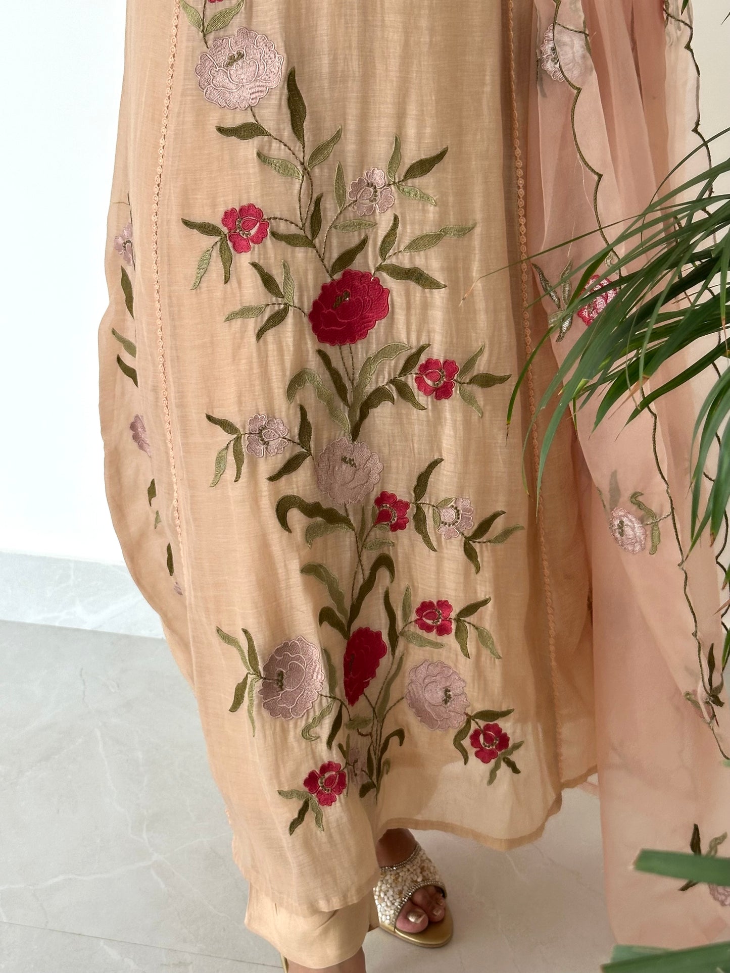 K379 - Mul Chanderi appliqué work Aline Kurti with pants and dupatta in 2 colours