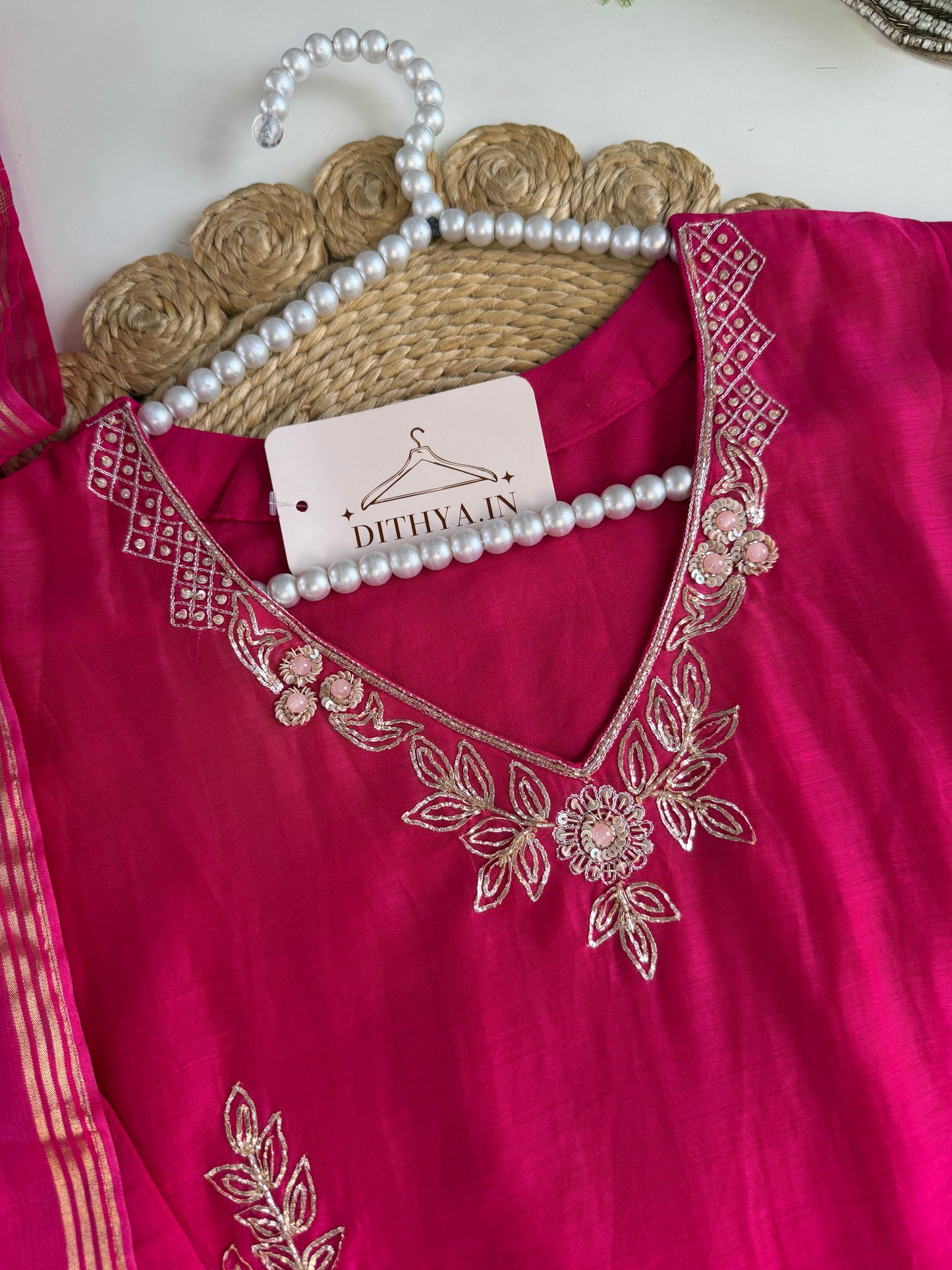 K508 - Mul chanderi handwork Aline Kurti with pants and dupatta