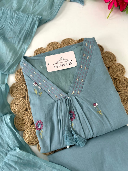 K395 - Mul cotton embroidered Aline Kurti with pants and dupatta in 3 colours