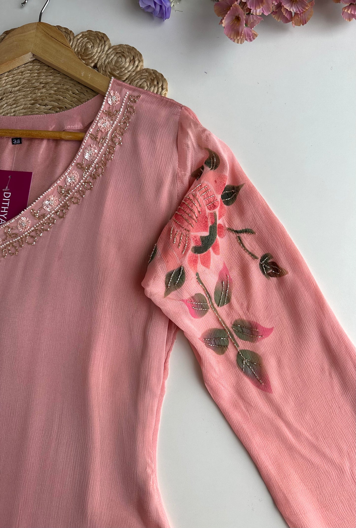 K252 - Chinnon handwork Aline Kurti with pants and dupatta