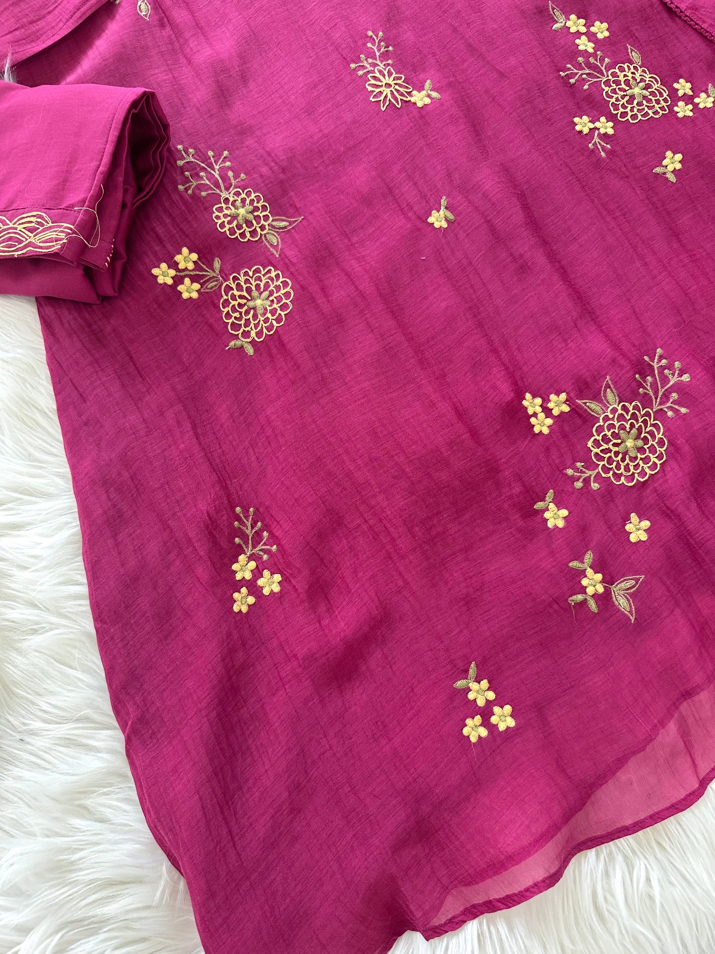 K286 - Mul Chanderi embroidered Aline kurti with palazzo pants and dupatta
