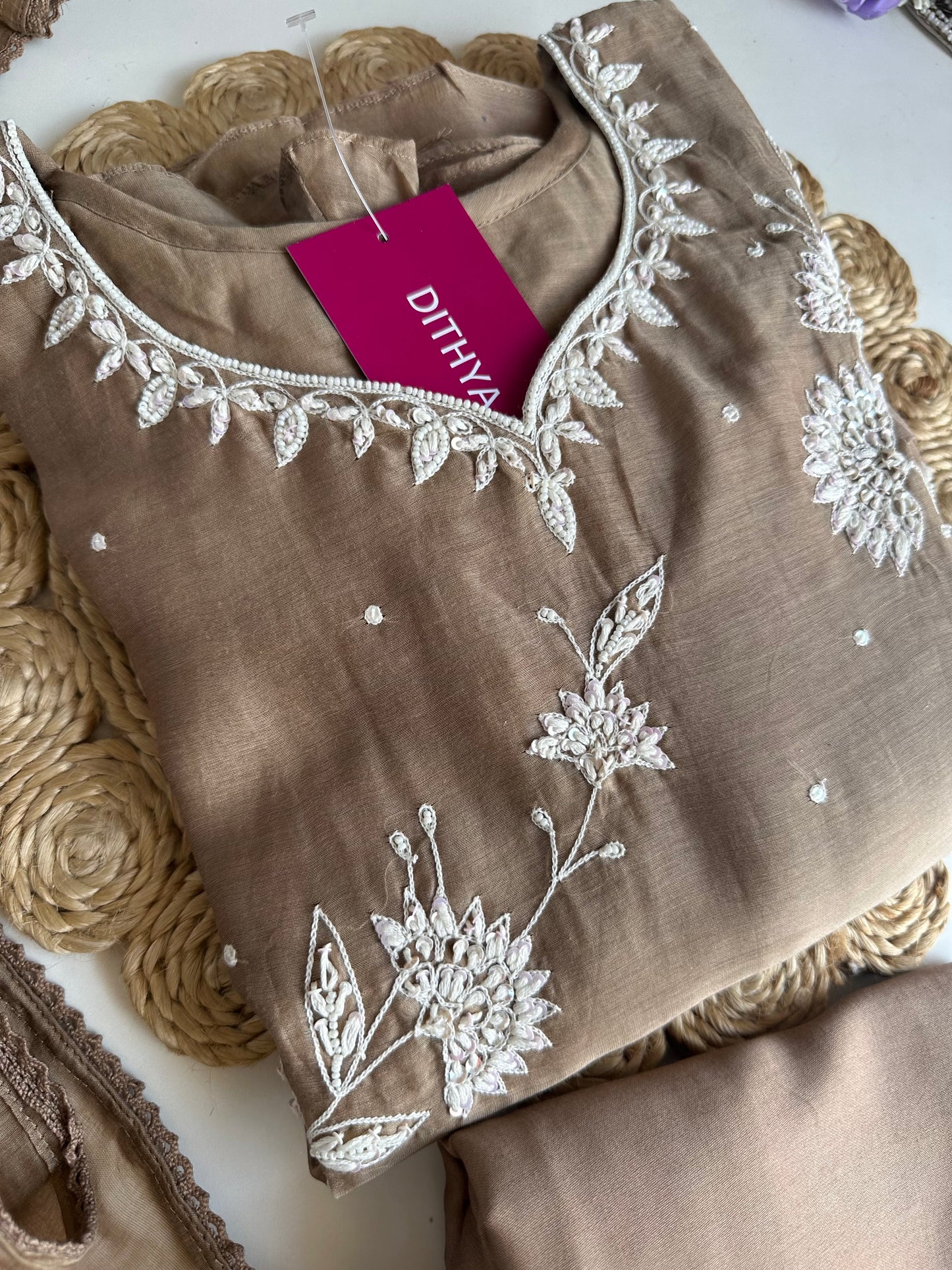 K079 - Mul Chanderi Handwork Aline Kurti with pants and dupatta