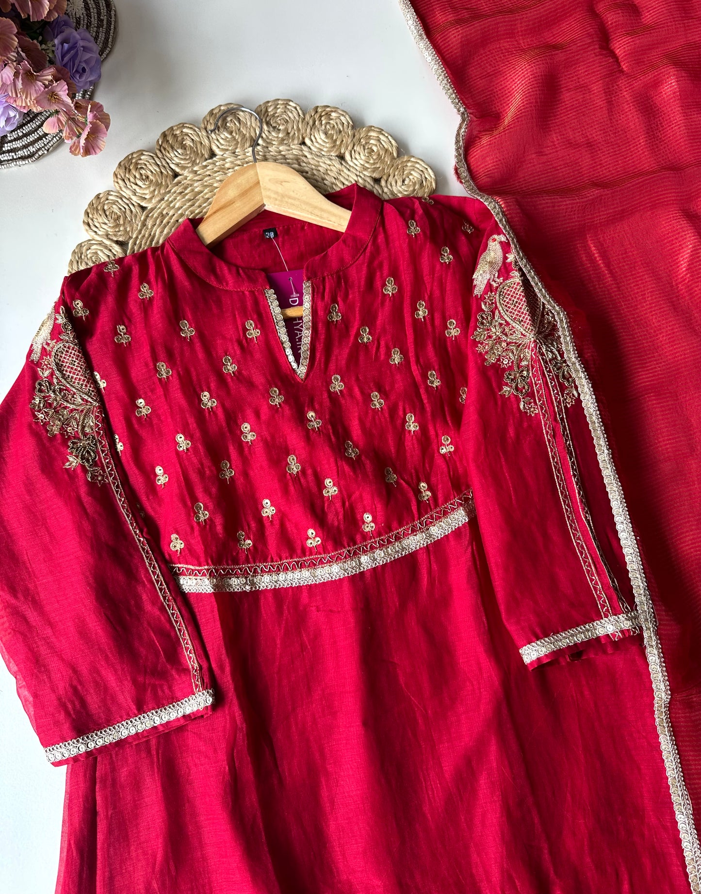 K013 - Mul Chanderi handwork Aline Kurti with pants and dupatta