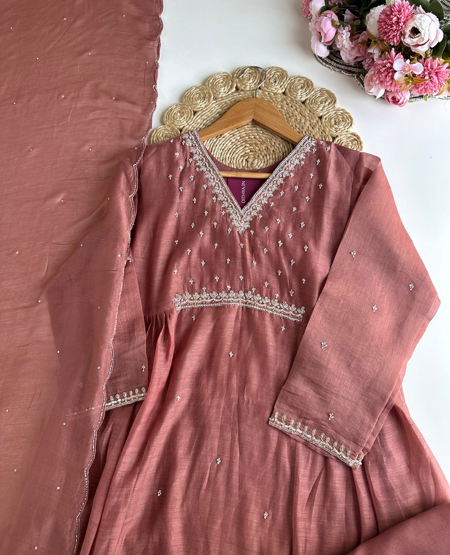 K092 - Mul Chanderi handwork Aline Kurti with pants and dupatta
