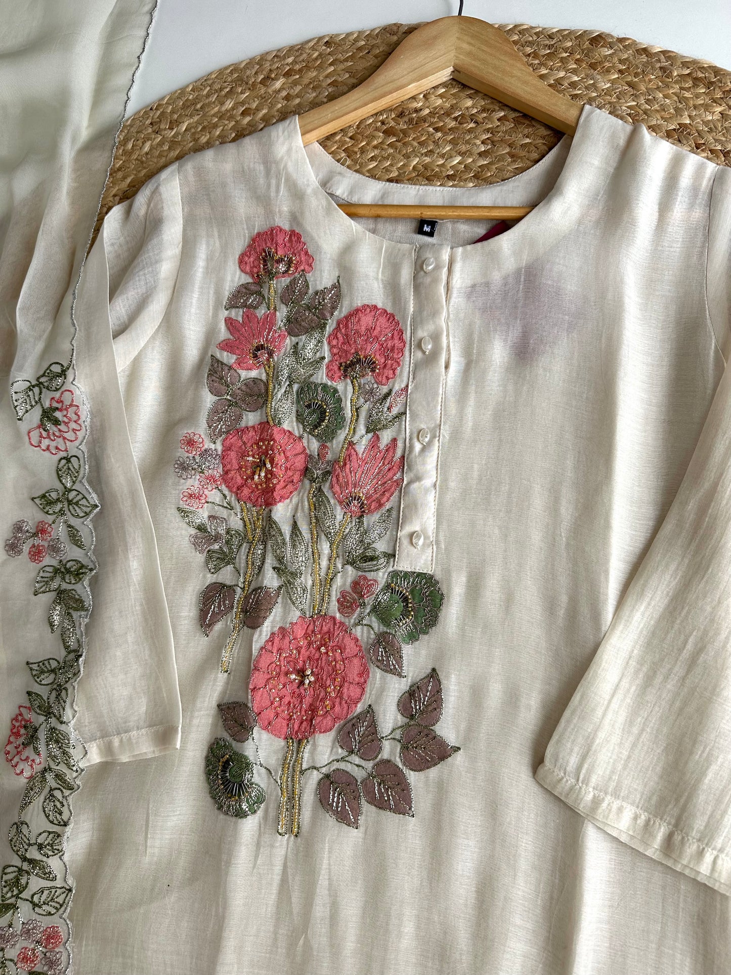 K153 - Mul Chanderi handwork straight Kurti with pants and dupatta