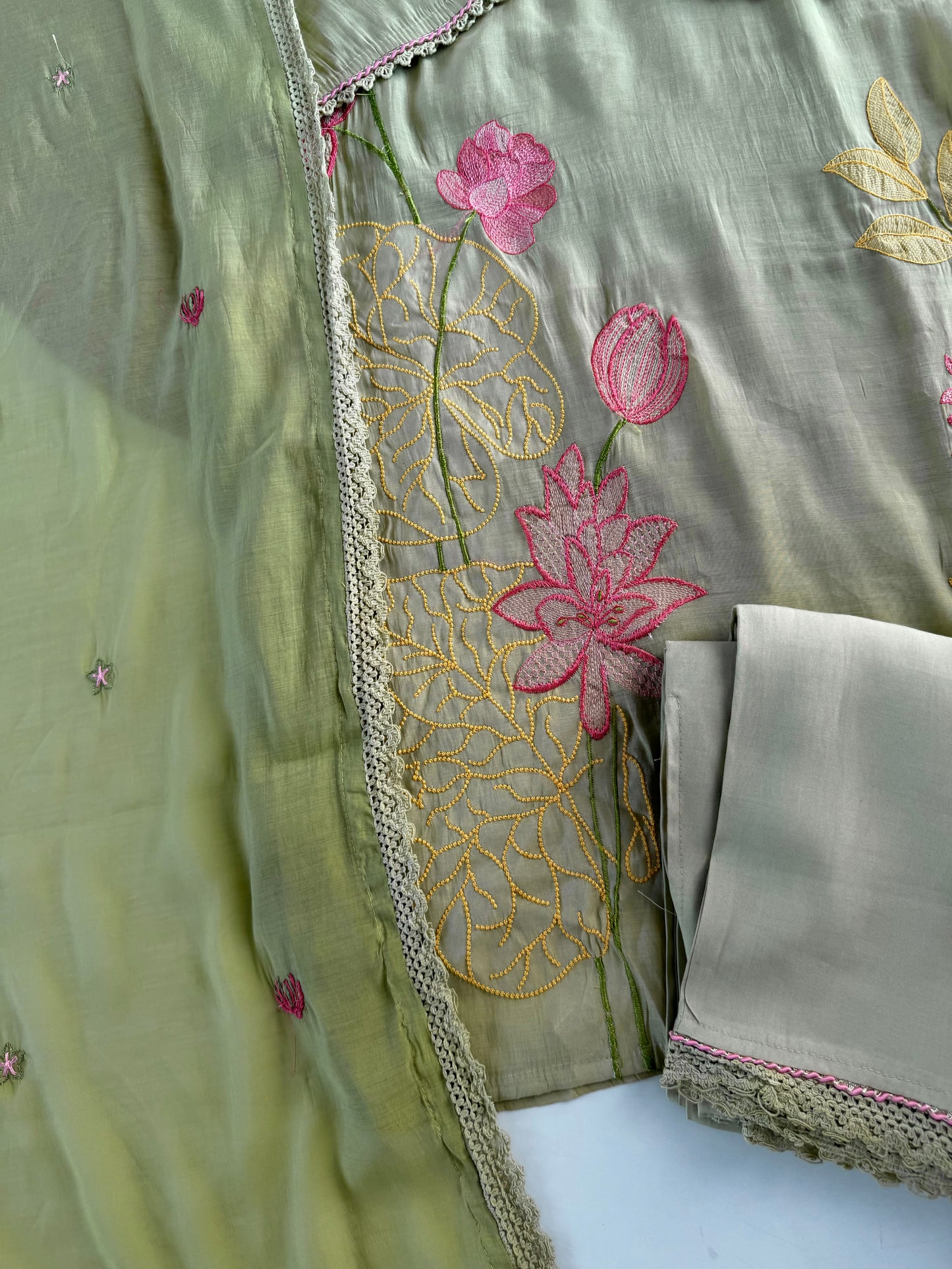 K345 - Muslin silk embroidered straight Kurti with pants and dupatta in 2 colours