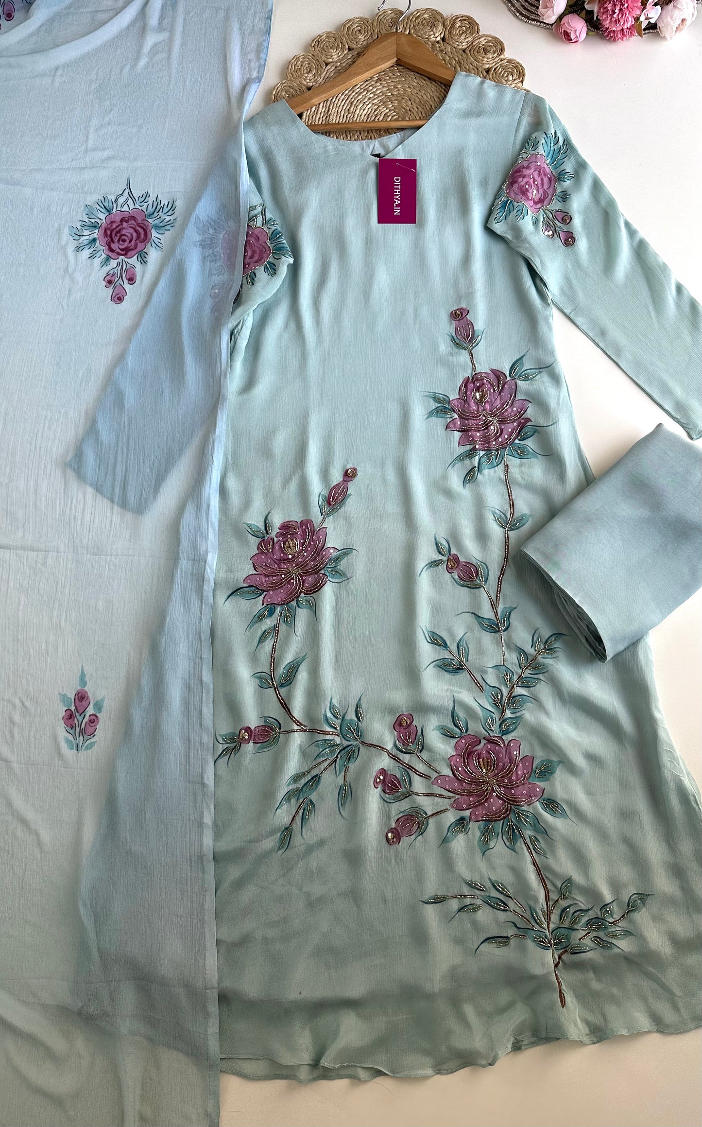 K325 - Pure Chinnon handwork Aline Kurti with pants and dupatta