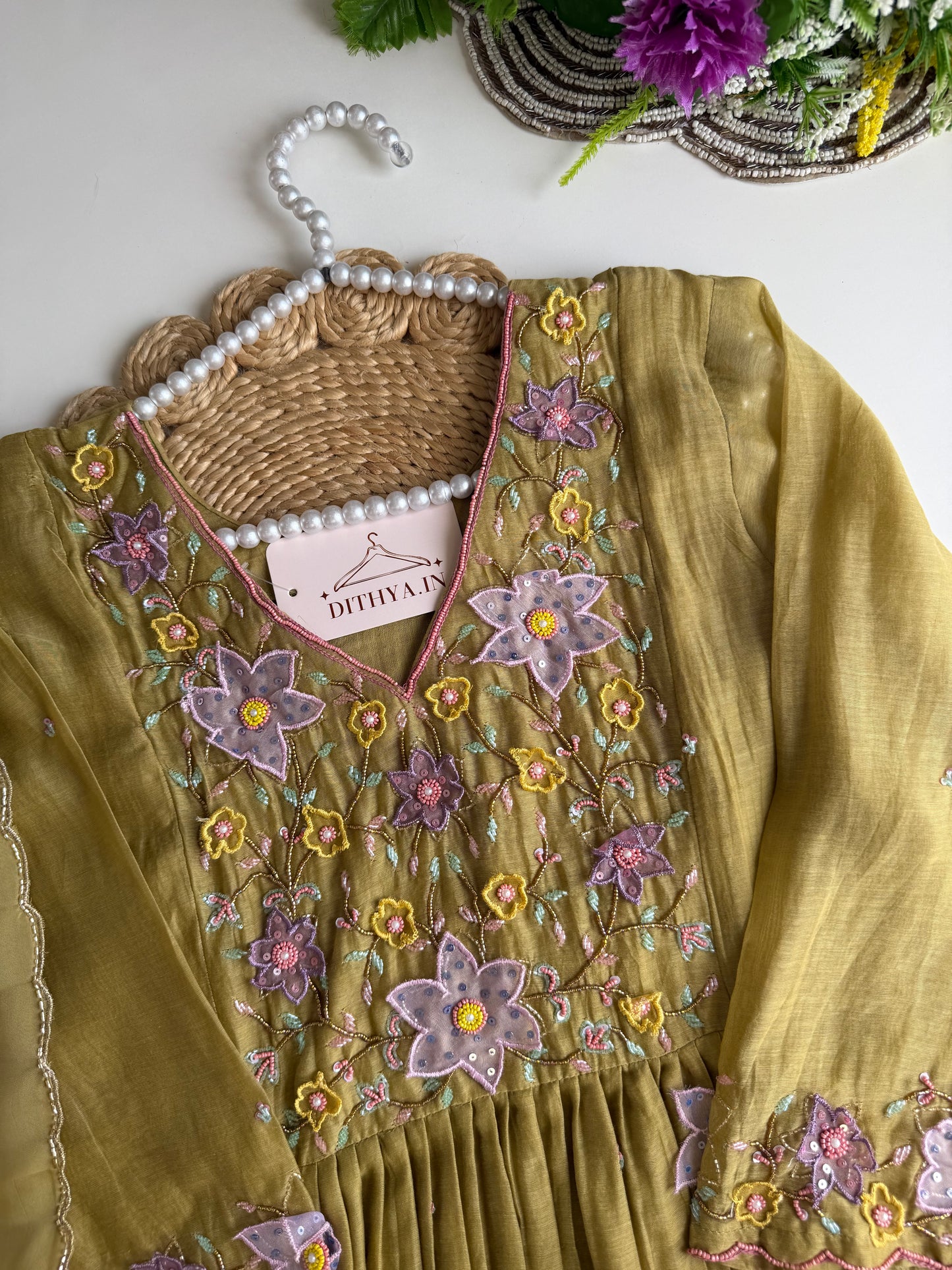 K298 - Mul chanderi 3D handwork Aline Kurti with pants and dupatta