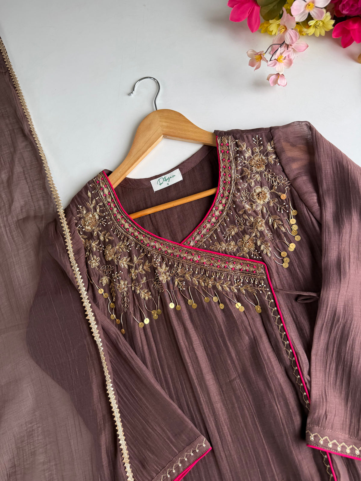 K156 - Pure Banarasi Mul chanderi handwork angrakha Aline Kurti with pants and dupatta