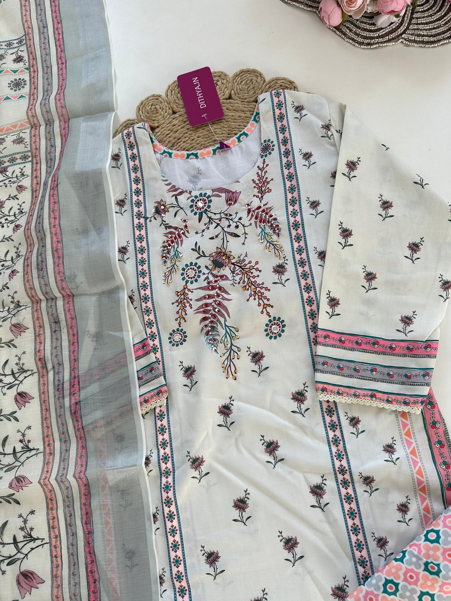 K421 - Rayon handwork Straight Kurti with pants and dupatta in 2 coloursp