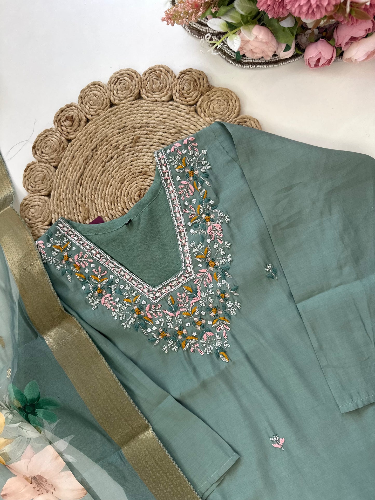 K217 - Modal silk Handwork straight kurti with pants and dupatta in 2 colours .