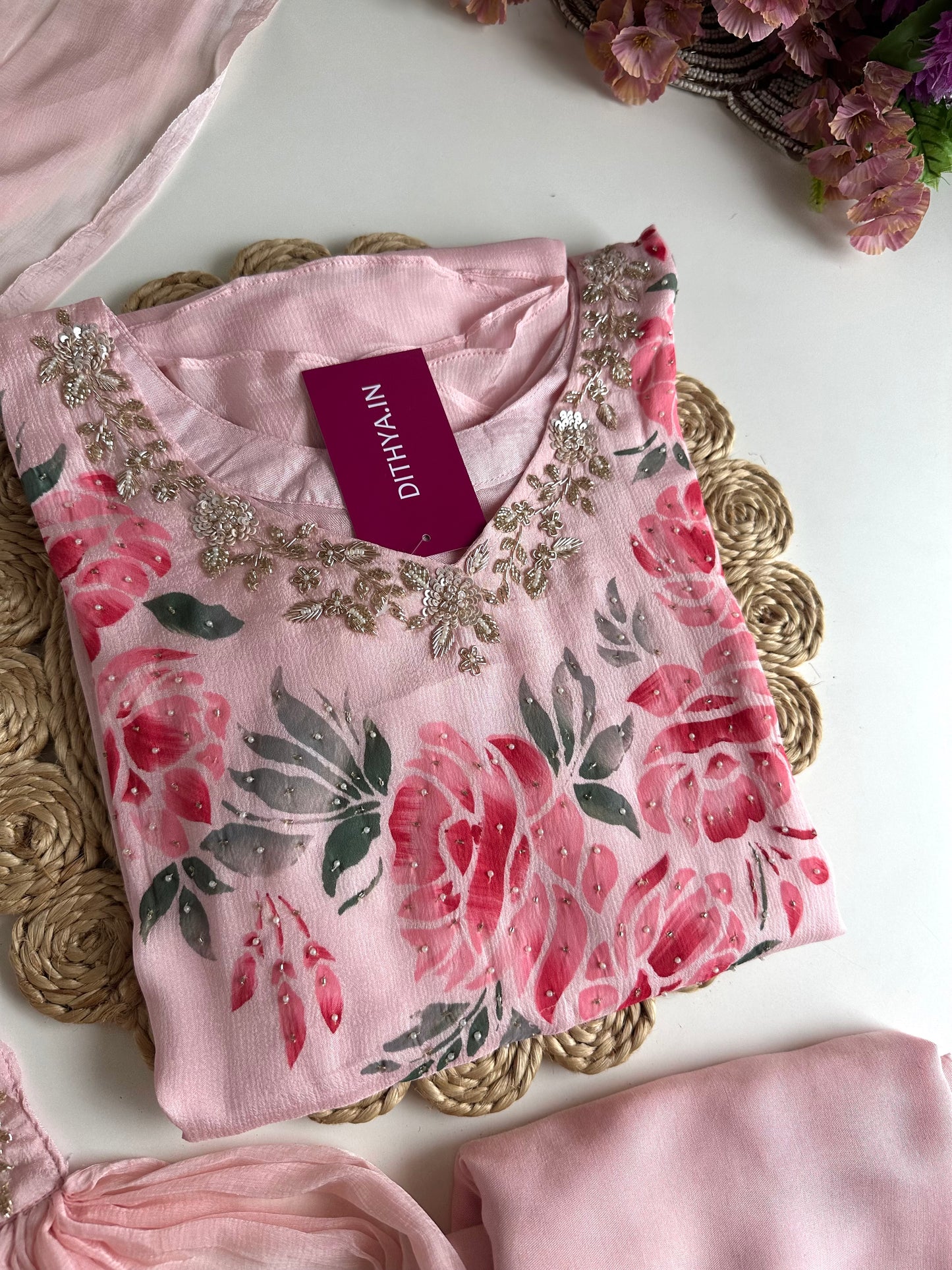 K395 - Chinnon Handwork Aline Kurti with pants and dupatta