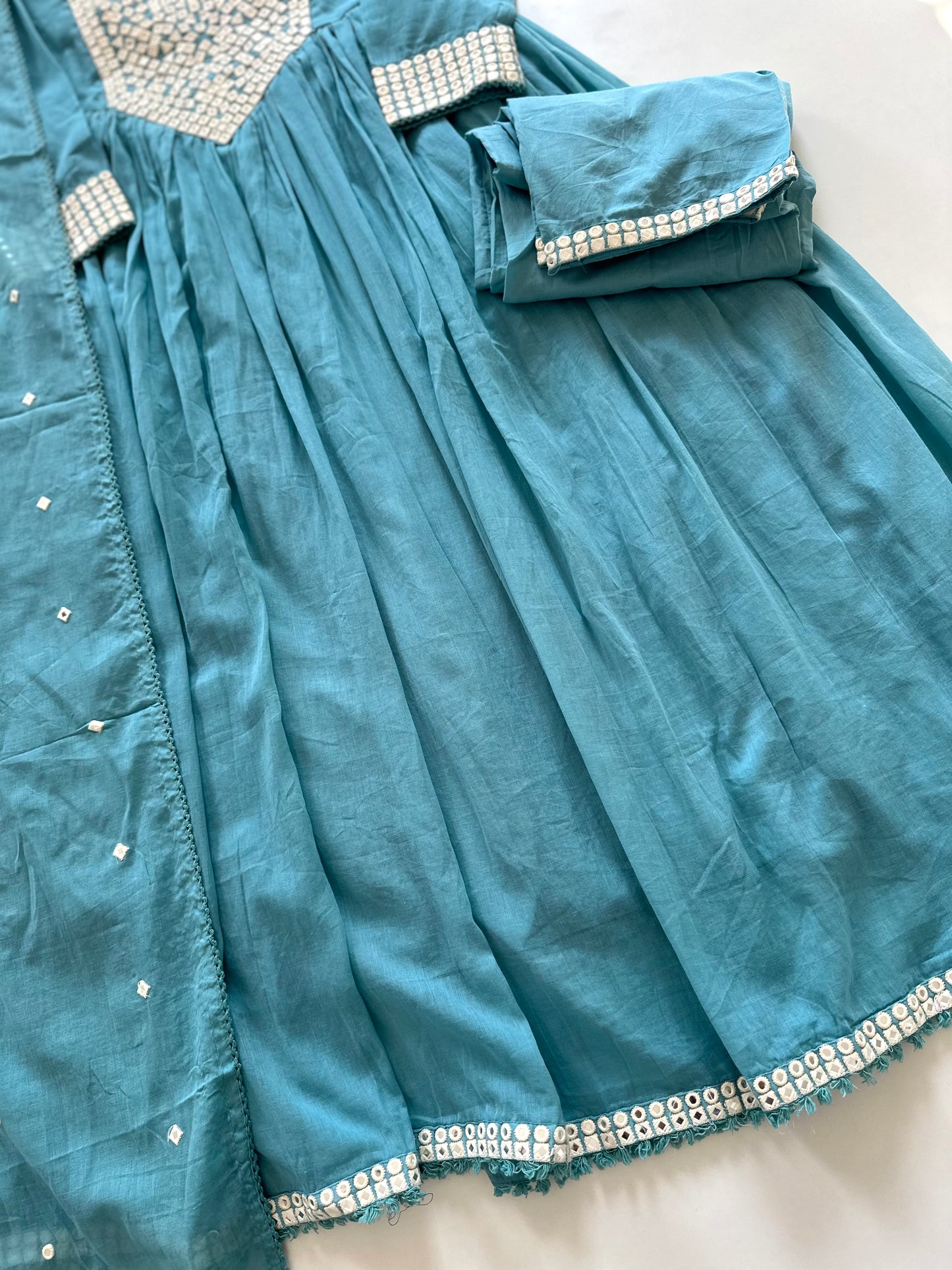 K116 - Mul mul cotton mirror work Anarkali with pants and dupatta in 2 colours