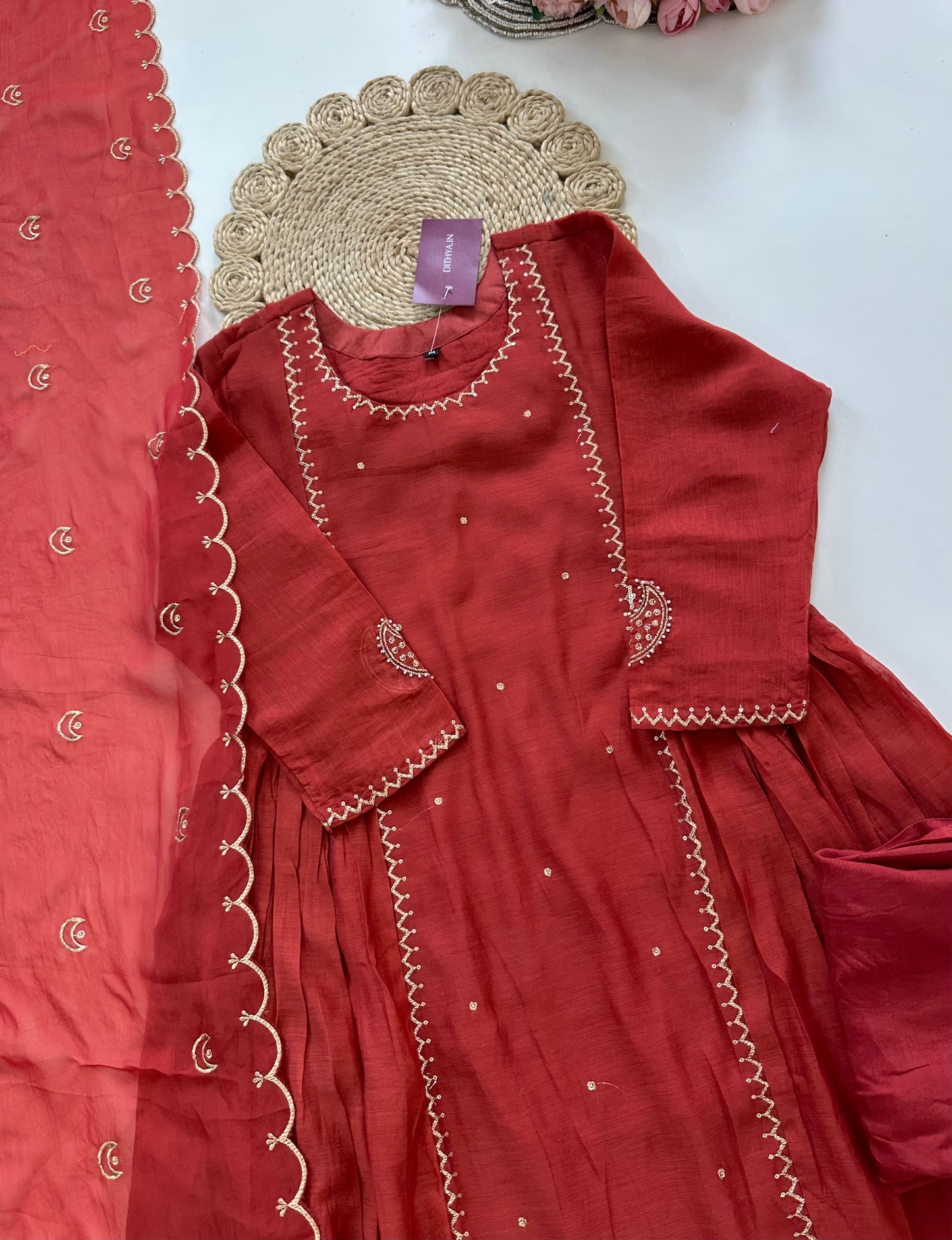 K091 - Mul Chanderi Zari work Anarkali with pants and dupatta in 2 colours