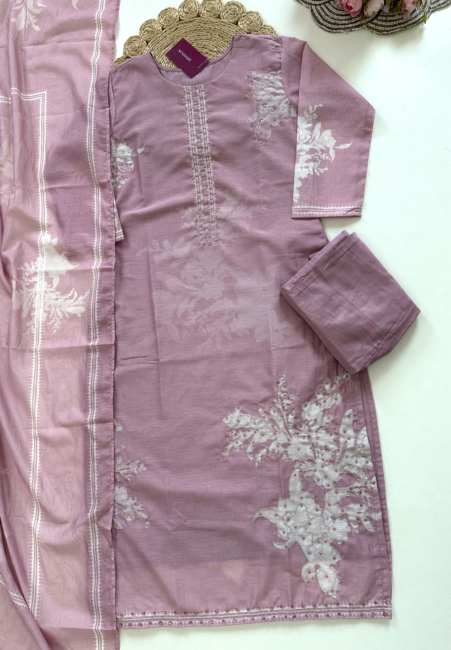 K213 - Linen cotton handwork straight Kurti with pants and dupatta