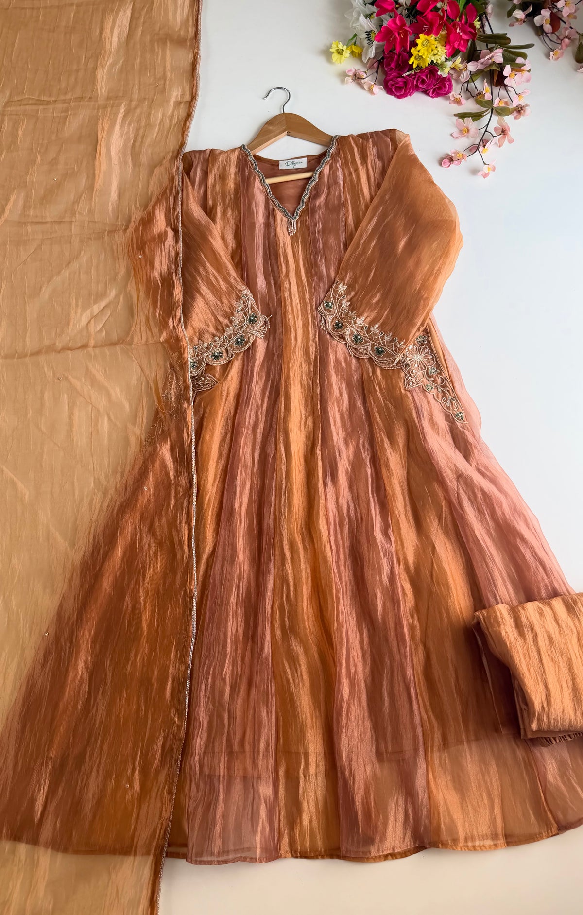 K113 - Crush tissue silk handwork Anarkali with pants and dupatta
