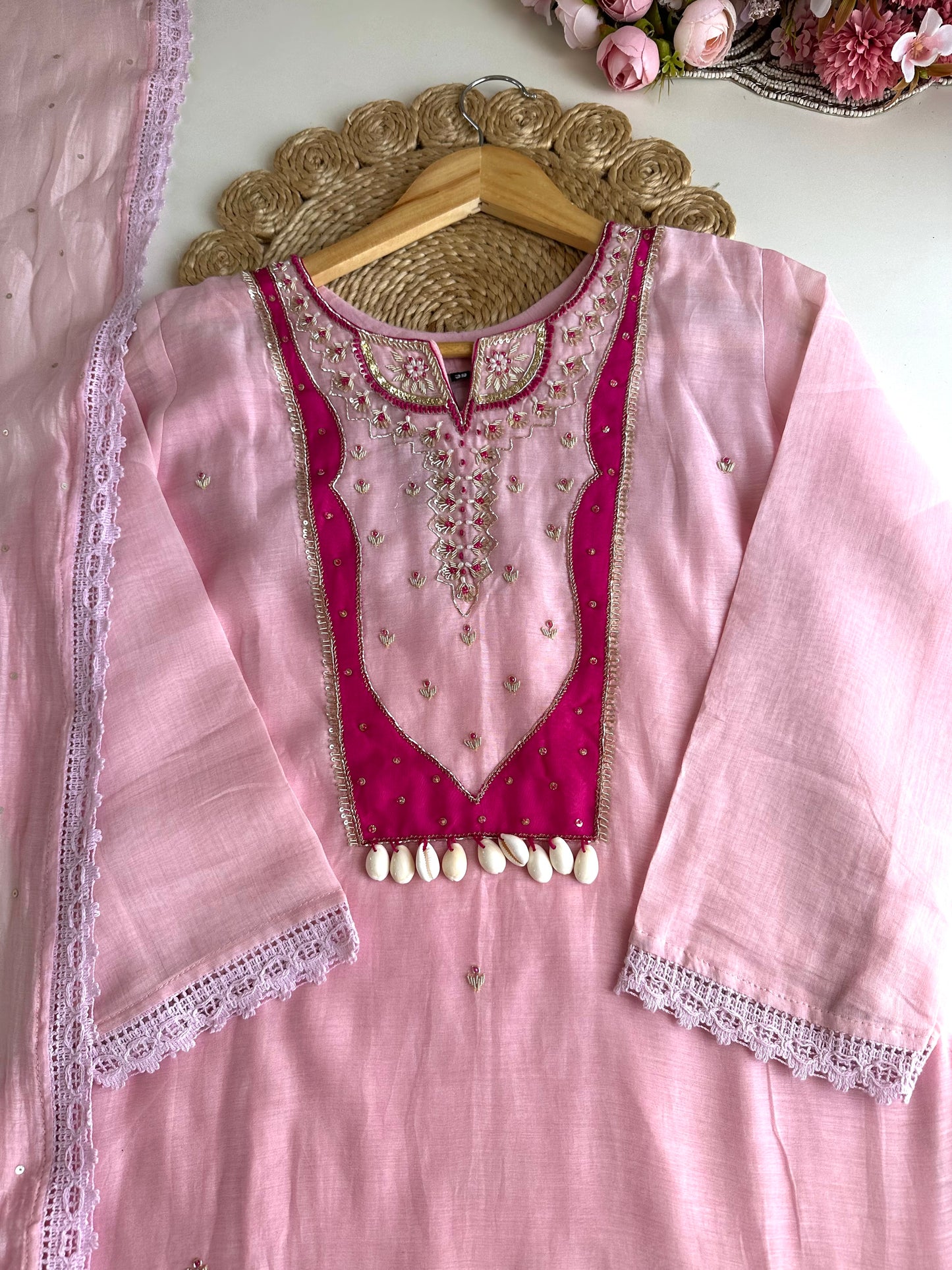 K297 - Mul Chanderi Aline handwork Kurti with pants and dupatta
