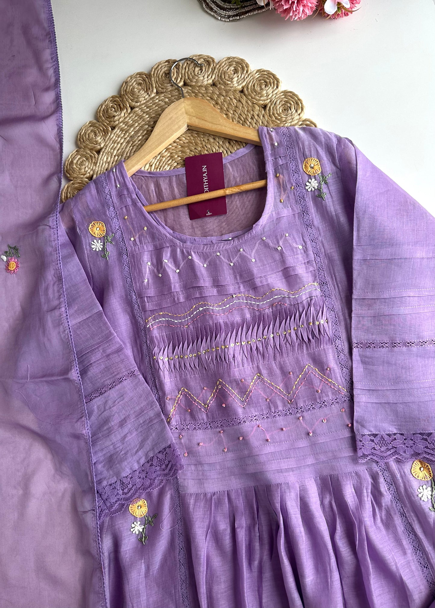 K043 - Mul chanderi embroidered Aline Kurti with pants and dupatta