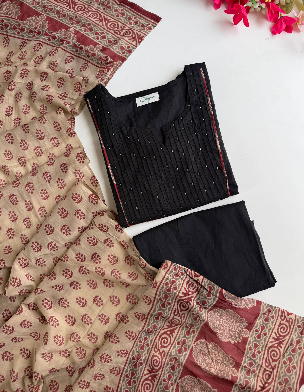 K109 - Mul cotton pintex embroidered straight Kurti with pants and dupatta