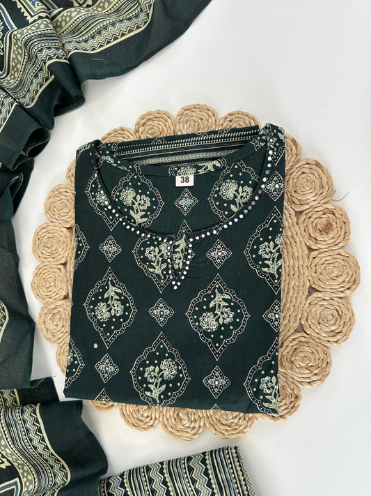 K038 - Cotton printed straight Kurti with pants and dupatta