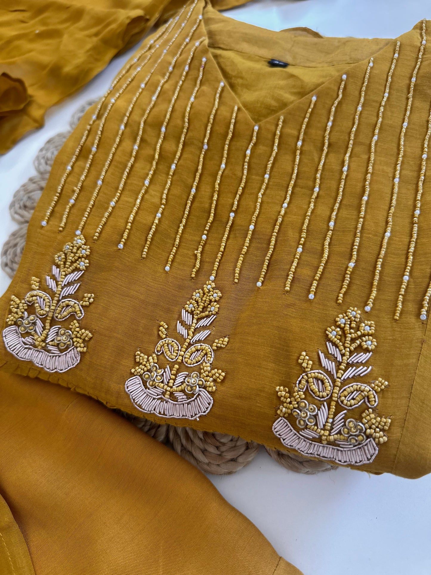 K175 - Mul Chanderi handwork Aline Kurti with pants and dupatta in 2 colours .