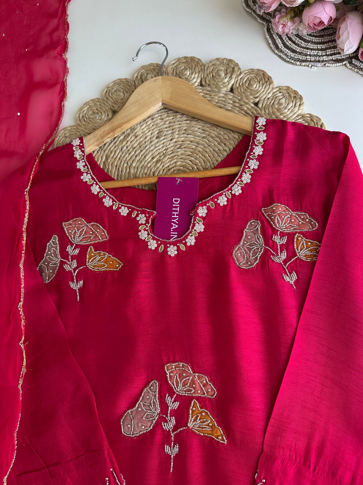 K173 - Russian silk handwork Straight Kurti with pants and dupatta