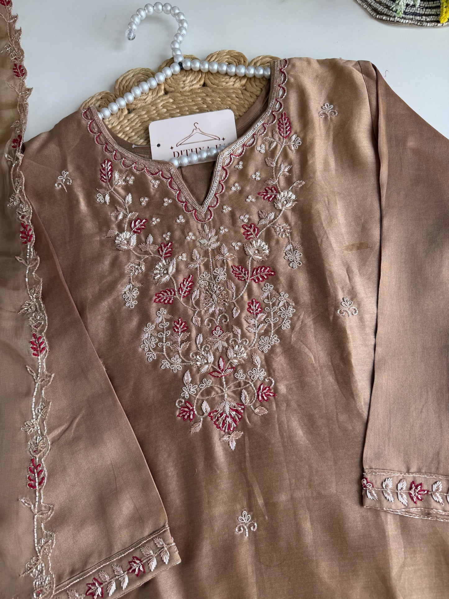 K536 - Titan silk handwork Aline Kurti with pants and dupatta