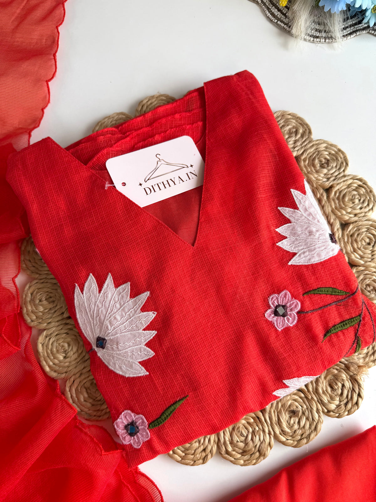 K295 - Kota doriya appliqué Aline Kurti with pants and dupatta