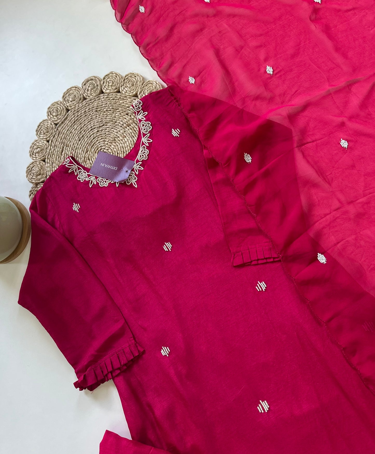 K202 - Russian silk pearl work straight kurti with pants and dupatta