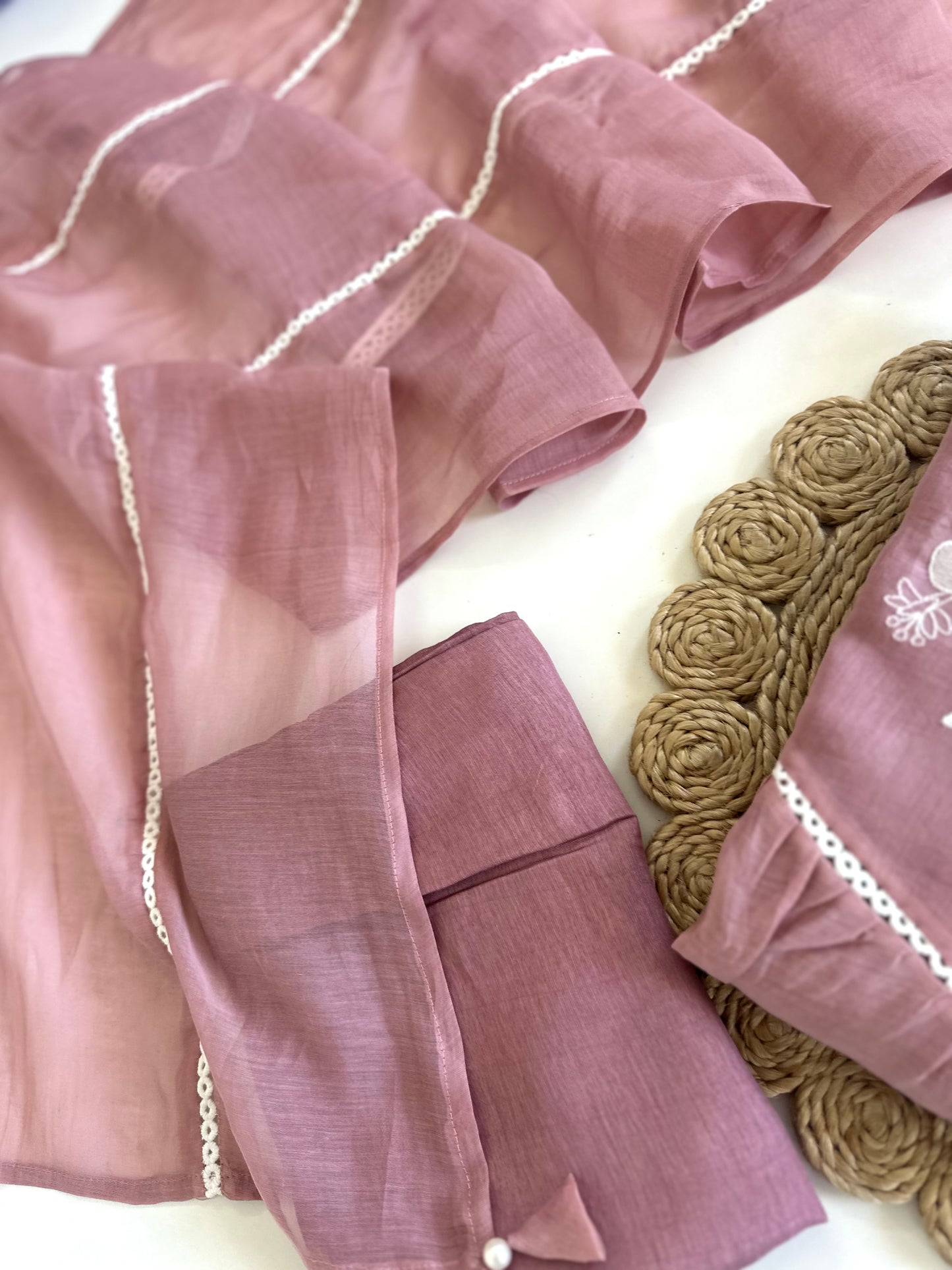 K060 - Mul Chanderi hand embroidered Aline Kurti with pants and dupatta