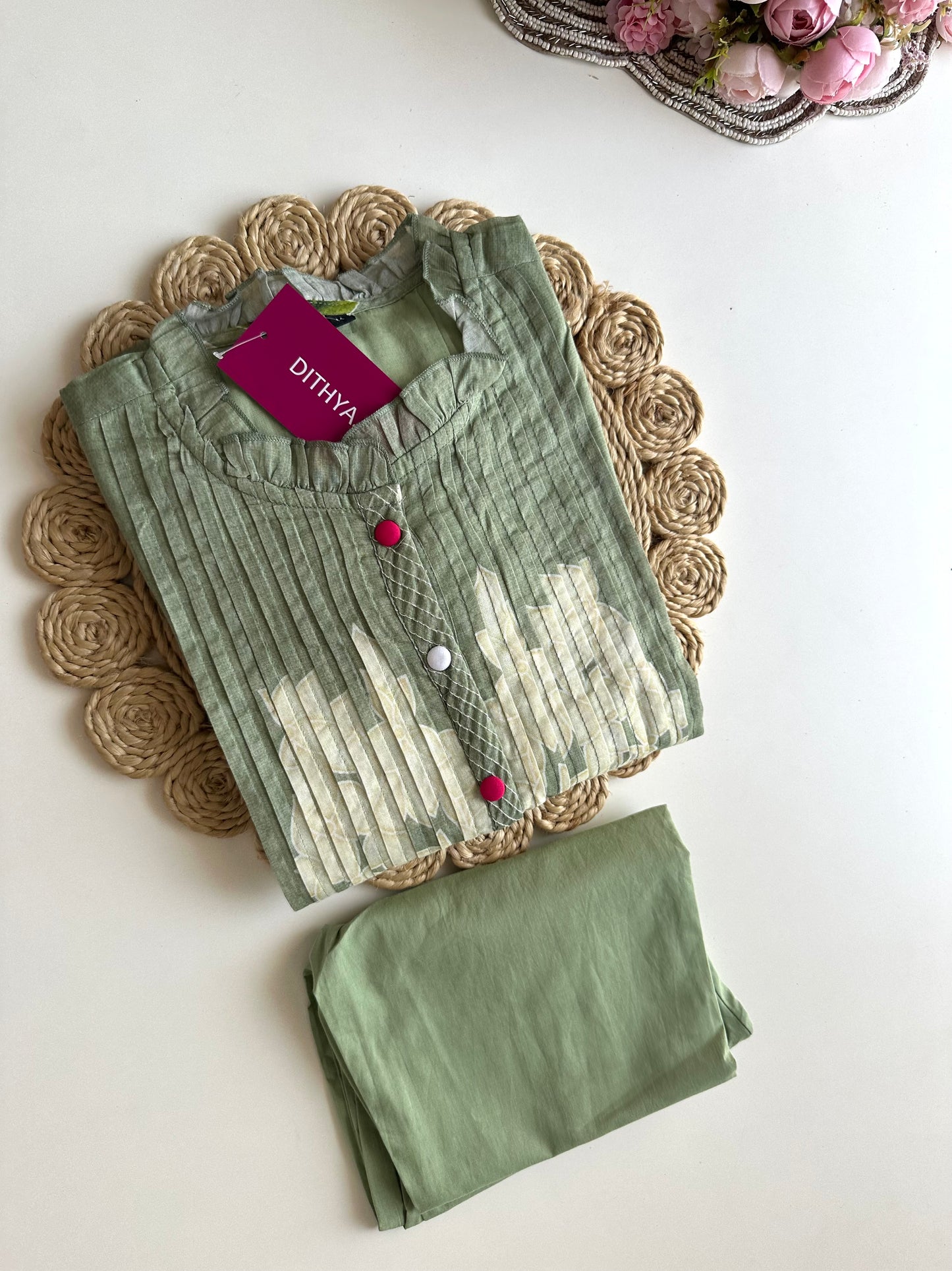 K367 - Cotton pintex floral Aline Kurti with pants