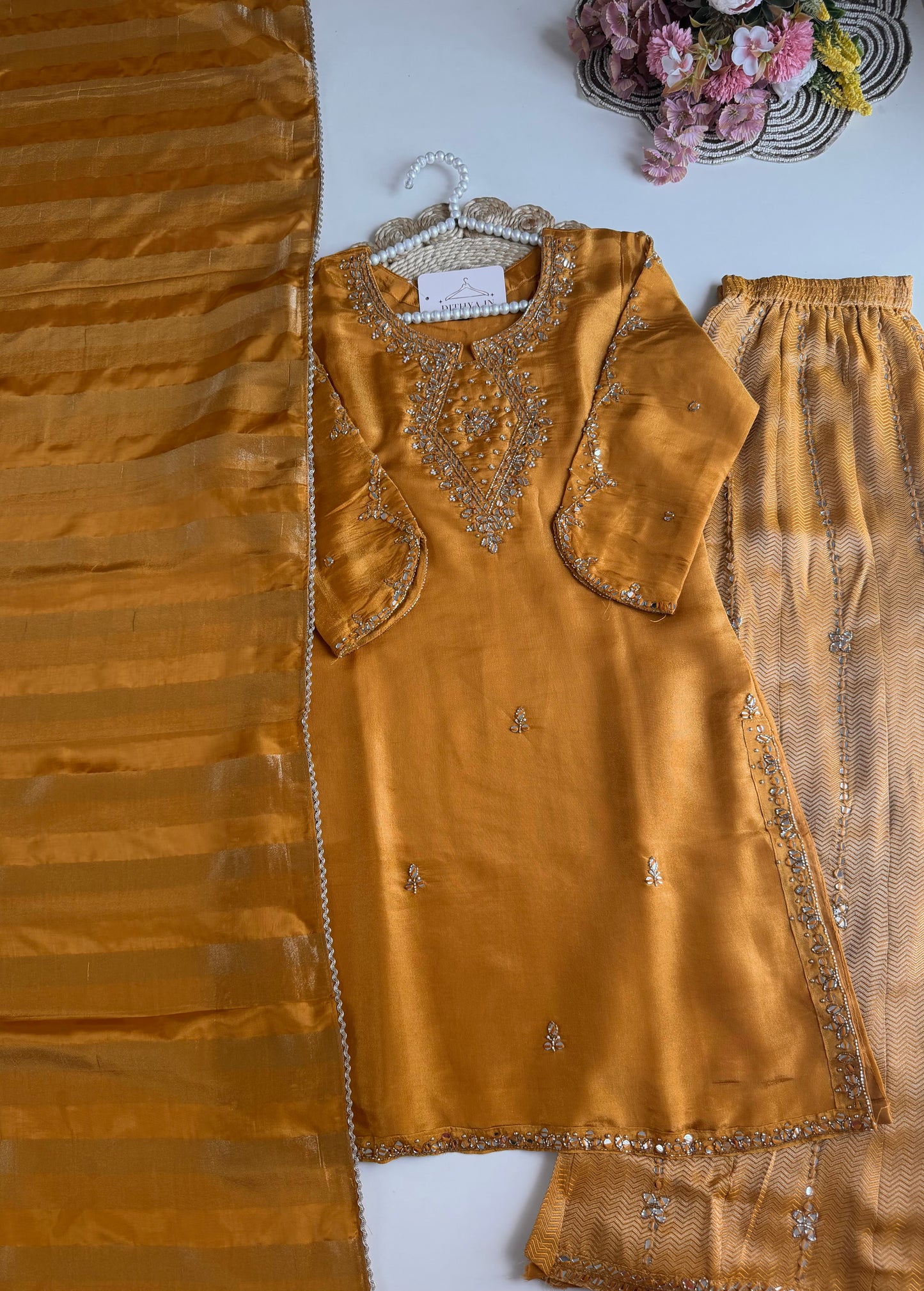 K553 - Tissue silk handwork short Kurti with divider pants and dupatta