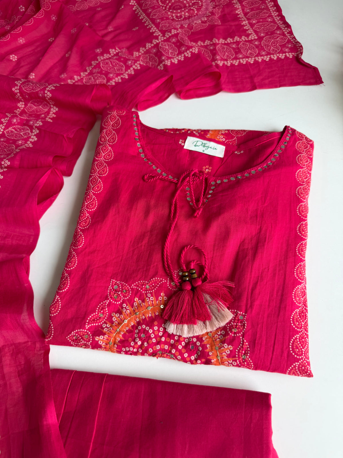 K097 - Mul cotton printed embroidered Aline Kurti with pants and dupatta