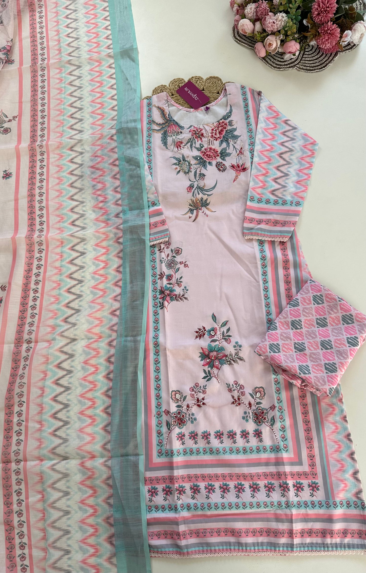 K421 - Rayon handwork Straight Kurti with pants and dupatta in 2 coloursp