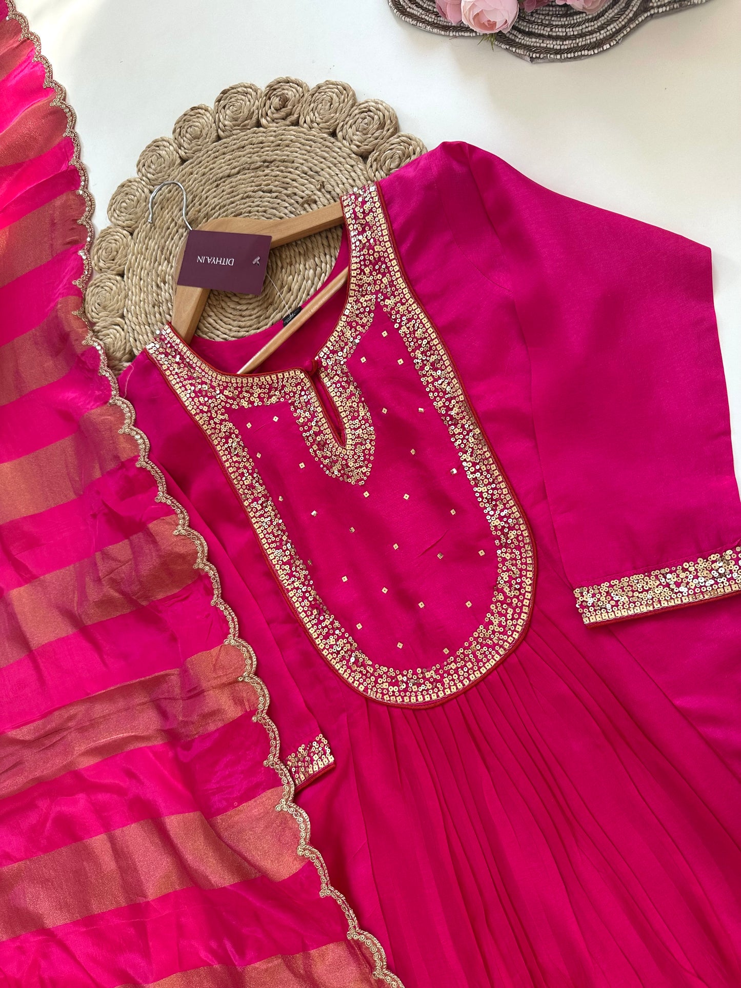 K141 - Russian silk sequins work Aline Kurti with pants and dupatta