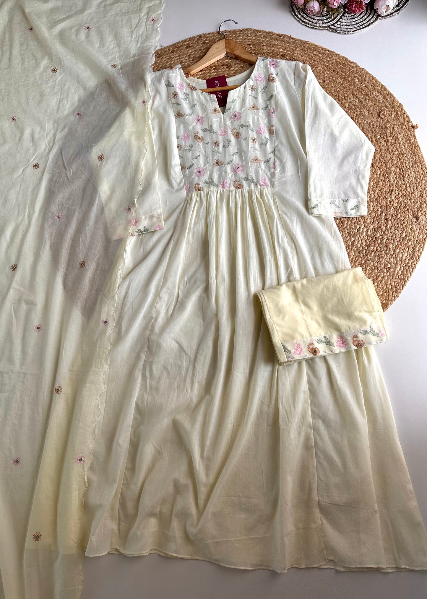 K394 - Cotton embroidered Aline Kurti with pants and dupatta