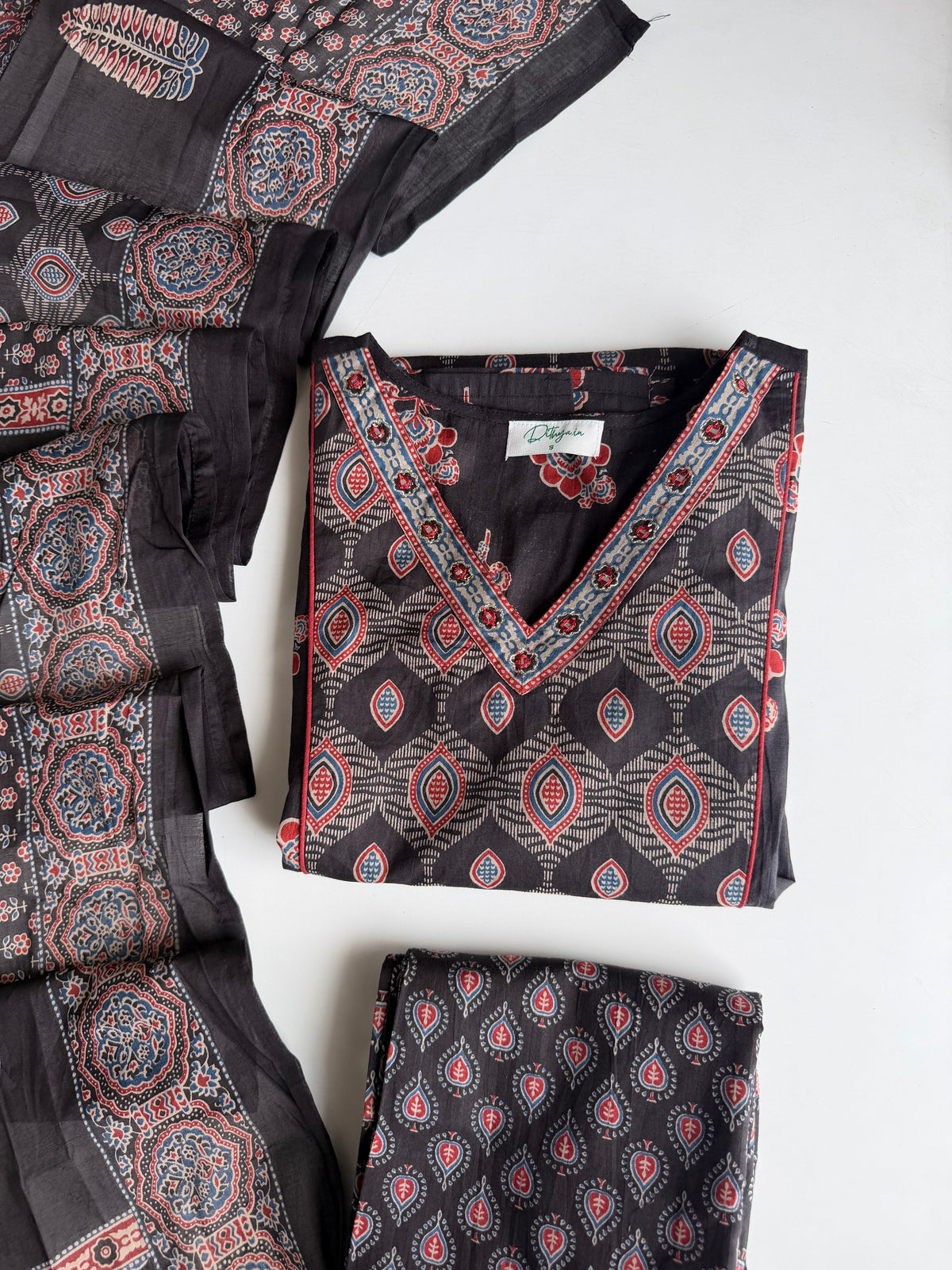 K306 - Mul cotton embroidered straight Kurti with pants and dupatta
